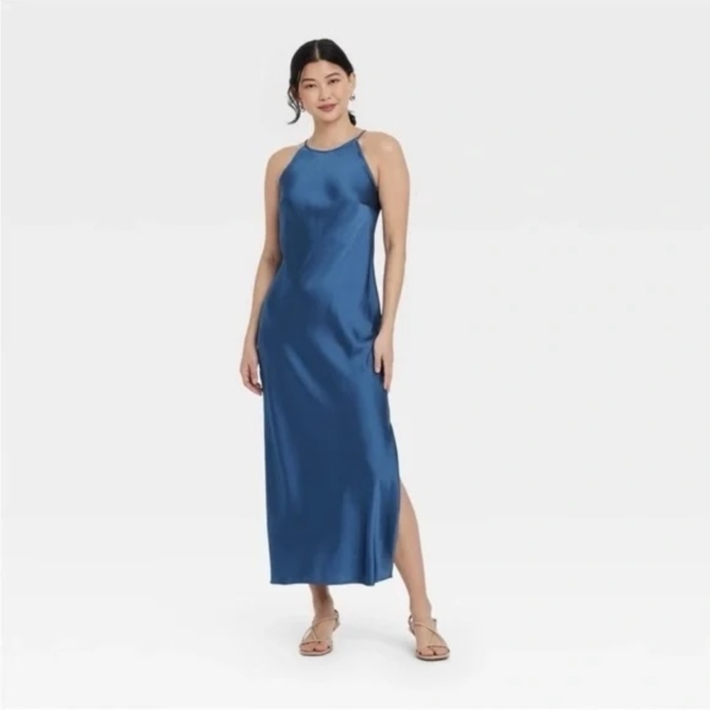 NWT A New Day Blue Satin Halter Maxi Slip Dress Size S